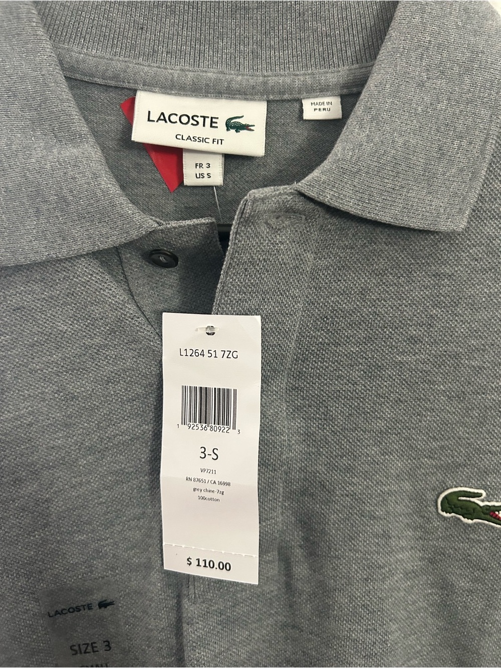 Lacoste Men's Grey Pique Polo with Green Crocodile Logo - Picture 4 of 4